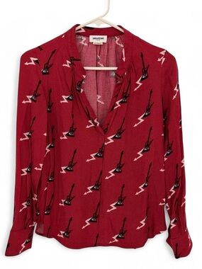 Zadig & Voltaire Red Guitar-Print V-Neck Blouse